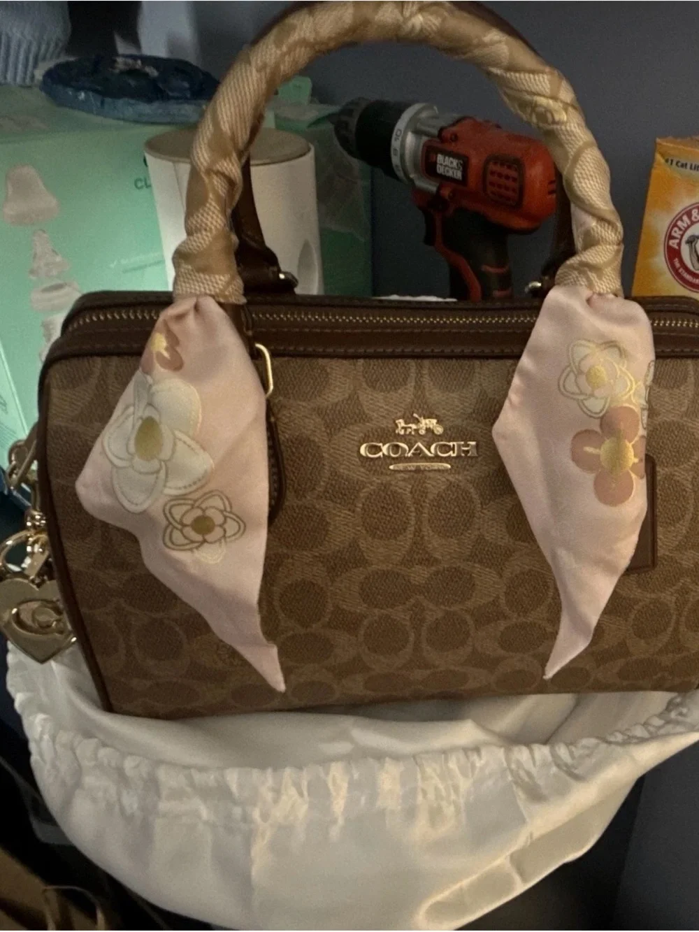 Coach Rowan Signature Brown Satchel with Coach Cherry Blossom Silk Scarf